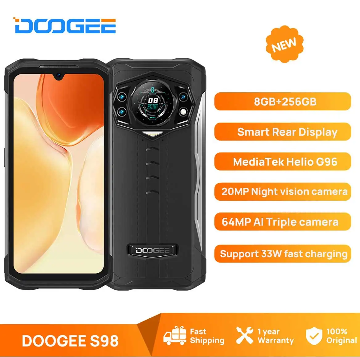 New DOOGEE S98 Rugged Phone 20MP Night Vision 6.3LCD FHD Display Dial Rear G96 Octa Core 8+256GB 64MP Camera Android 12.0 NFC