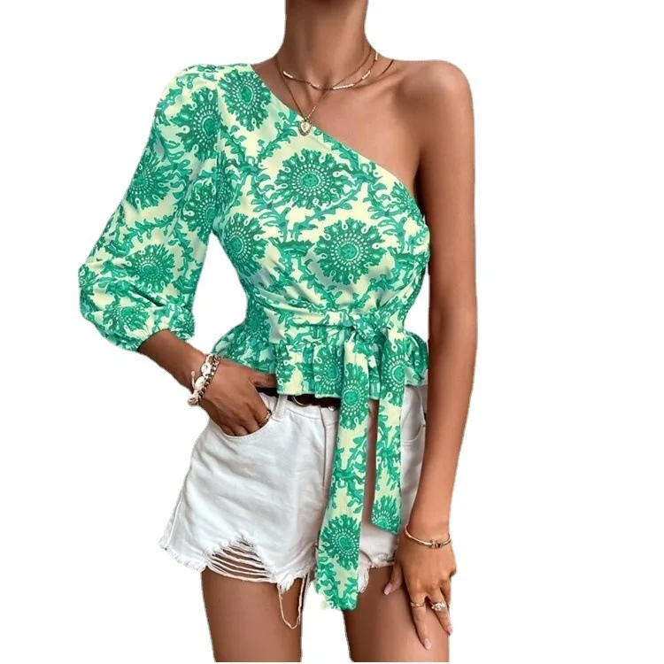 

Female Sexy Blouse Flower Shirt Cropped 2022 Summer Print One-shoulder Lantern Sleeve Ruffled Lace-up Top