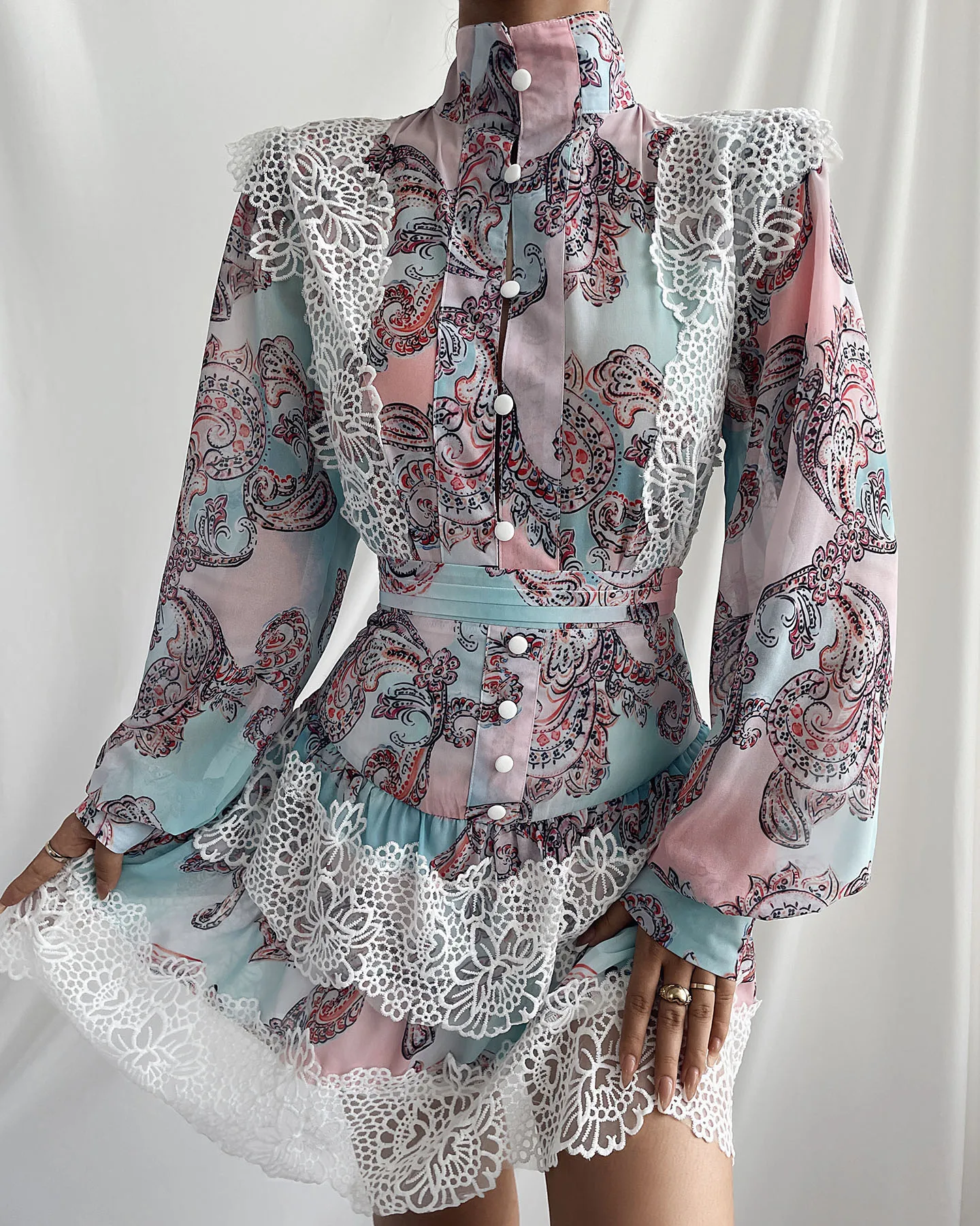 

Women Two Piece Set Lantern Sleeve Button Lace Hem All Over Print Mini Sweat Skirt Sets