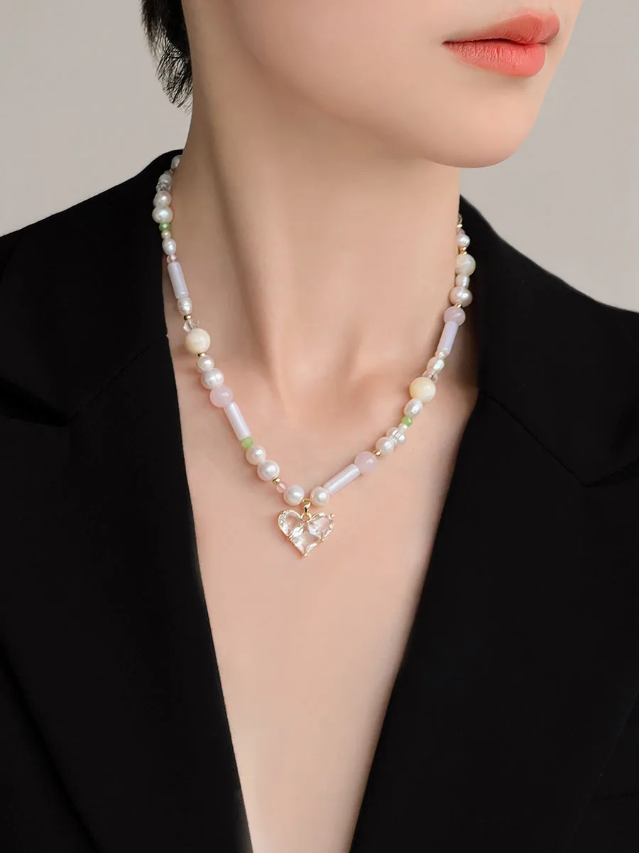 

Brass Real Natural Pearl Heart Beads Necklace Women Jewelry Punk Designer Runway Rare Simply Gown Boho Japan Korean