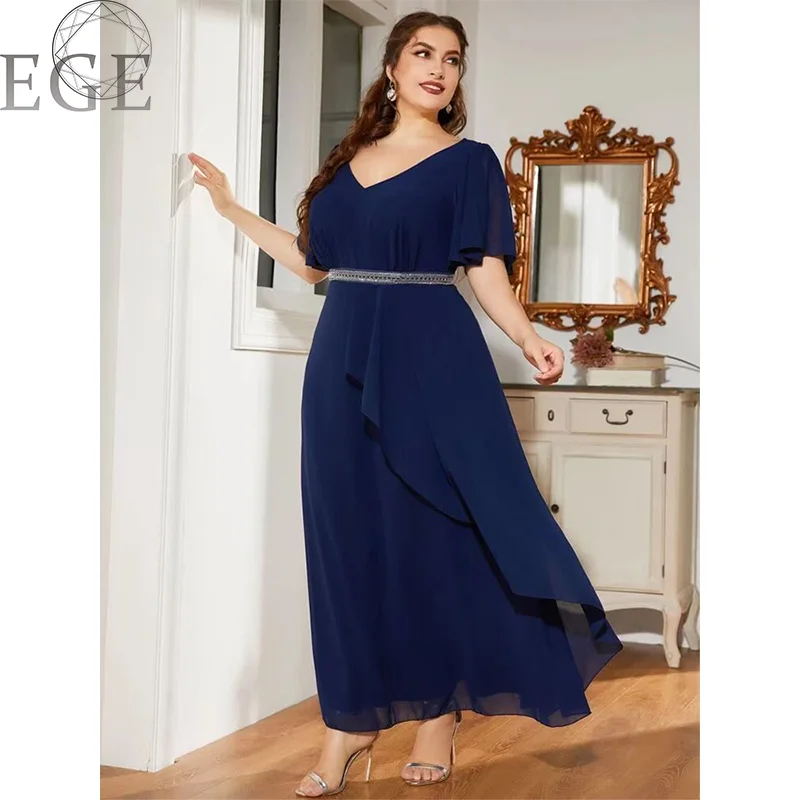 Spring Tibetan Blue Plus Size Dress 5XL6XL Chiffon Loose V Neck Short Sleeve Elegant Commuting Daily Plus Size Women's Wear