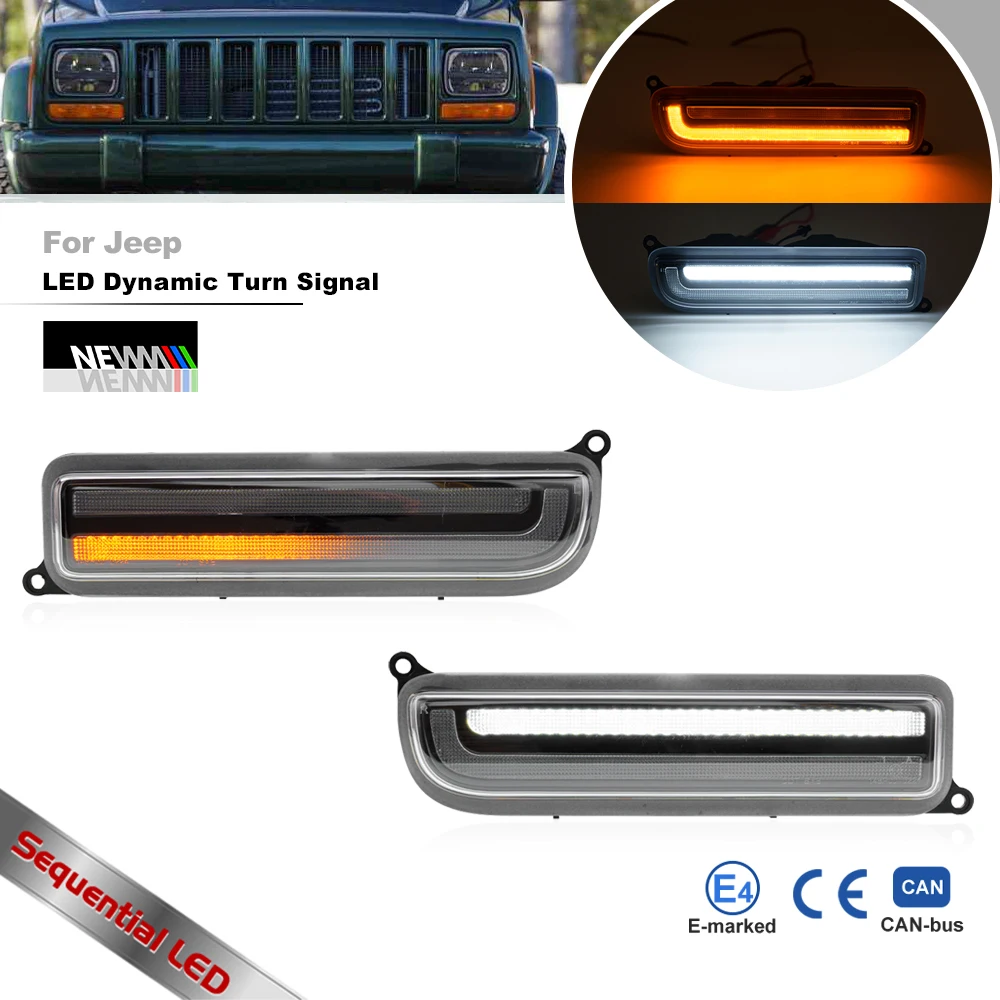

Для Jeep Cherokee XJ 1997 1998-2001 годов, угловой передний бампер, белый/янтарный последовательный светодиодный DRL, стоянки/поворотные огни