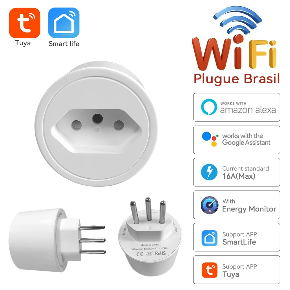 

Wireless WiFi Smart Plug Brazil Adaptor Tuya APP Remote Voice Control Power Energy Monitor Outlet Timer Socket For Alexa Google