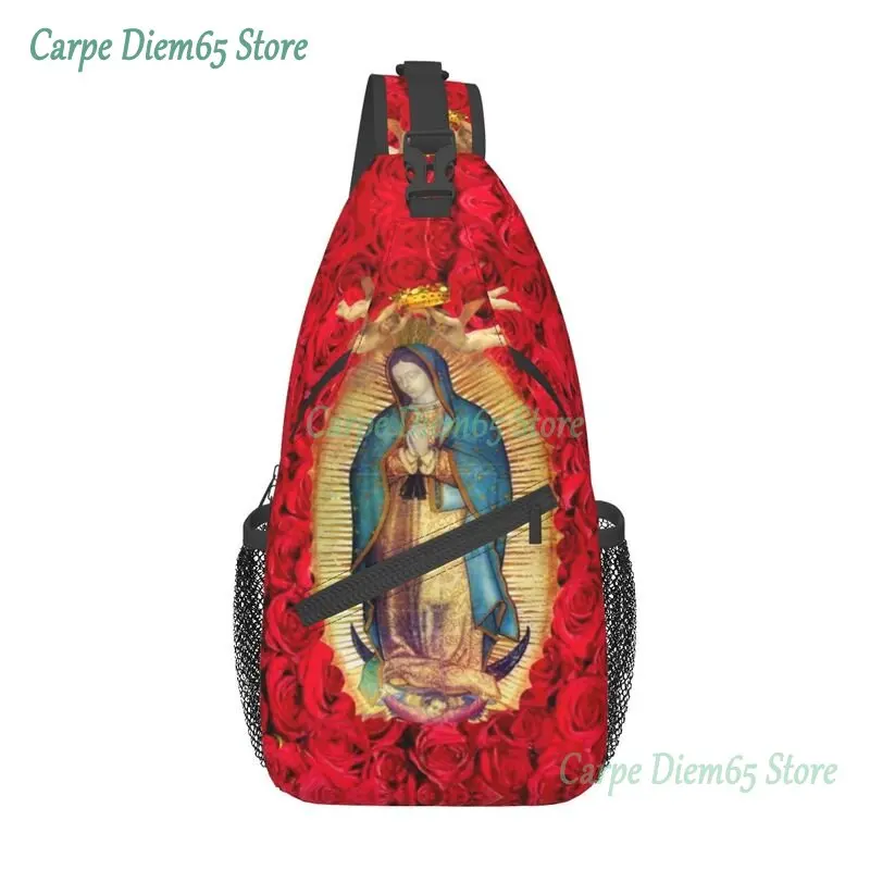 

Cool Guadalupe Virgin Mary With Flowers Sling Bag for Cycling Camping Men's Catholic Chest Crossbody Backpack Shoulder Daypack