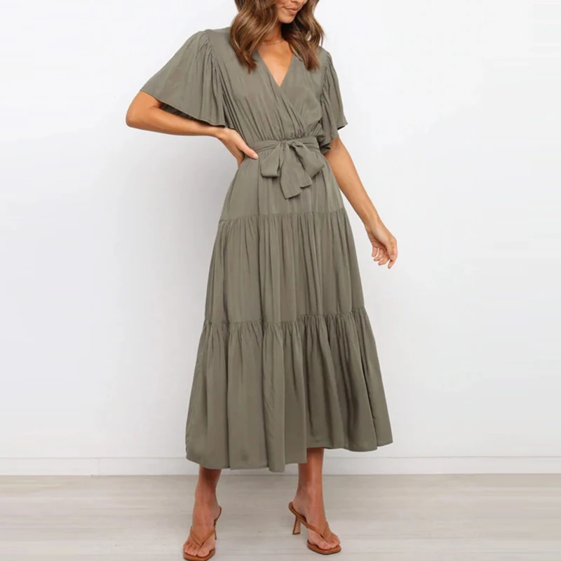 

Women's short sleeved long large swing Dress Summer casual solid fashionable commuting lace up high waisted ruffle edge dress