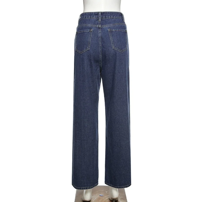 Women Fashion High Waist Harajuku Patchwork Stitched 90s Aesthetic Loose Jeans Y2k Blue Straight Vintage Cargo Denim Pants Pop