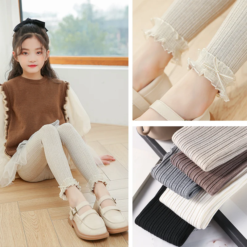 

Princess-style lace cute bow-knot cropped trousers spring and autumn wood ears and leg openings cotton anti-pilling leggings