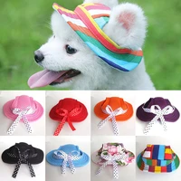 cute pet dog sun hat summer sunhat cloth outdoor accessories mesh cloth princess cap pet bow round hat flower strip breathable