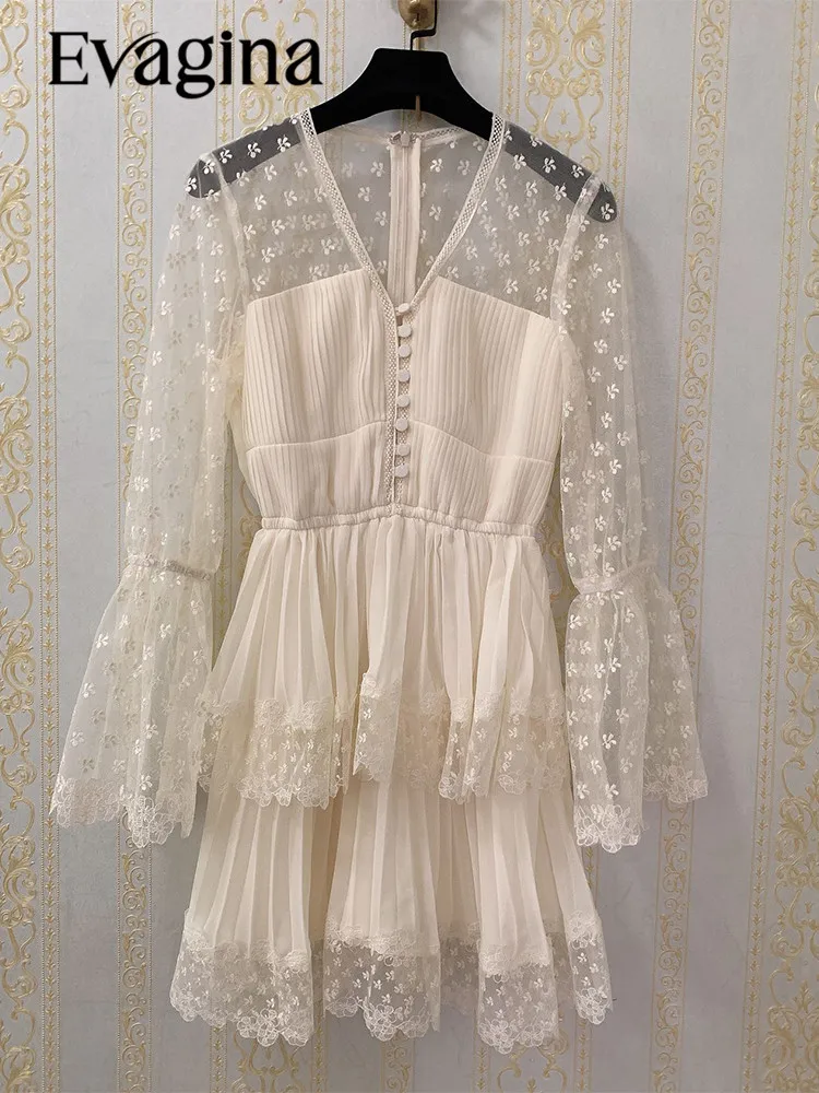 

Evagina Summer Polyester Sexy Sweet V-Neck Lace Mesh Embroidery Trumpet Sleeves Slim Ivory White Dress