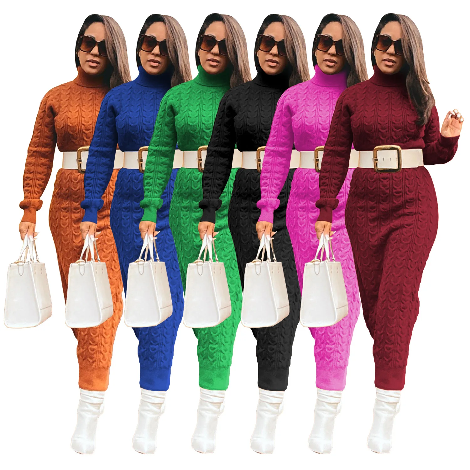 

Женское трикотажное платье-миди с высоким воротником и длинным рукавом