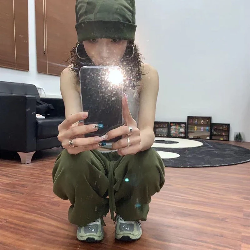 Женские мешковатые спортивные брюки Y2K зеленого цвета в стиле хиппи K-POP оверсайз