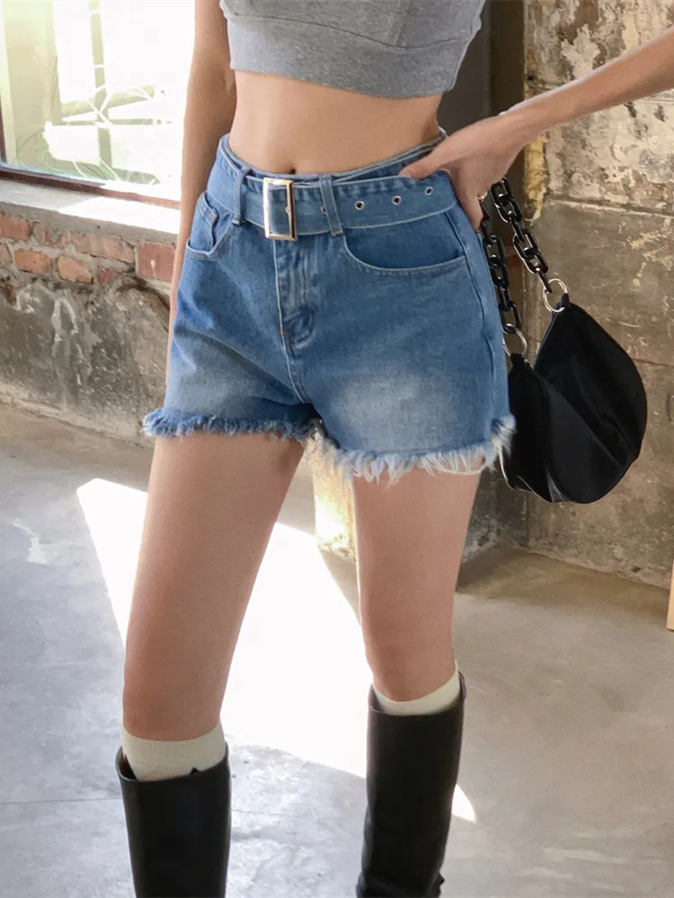 

Women Summer Sexy Short Jeans High Waist Tassel Casual Streetwear Denim Shorts with Belt Korean Fashion Calca Jeans Feminina