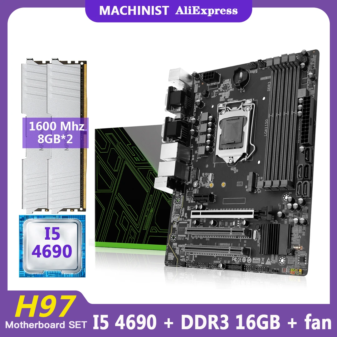 

MACHINIST H97 Motherboard LGA 1150 Set Kit With Core I5 4690 Processor DDR3 16G(2*8G) RAM Memory Cooler Cooling FAN ZB-H97M-PRO