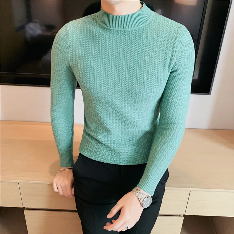 2022 Winter Half Turtleneck Sweater Men's Knitted Pullover Slim Solid Color Wool Knitwear Green Long-sleeved Top
