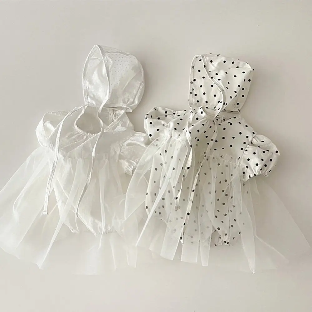 

Белое платье для новорожденных девочек, одежда из 2 предметов, хлопковое боди в горошек + Солнцезащитная шапочка, костюм для младенцев 0-24 мес.