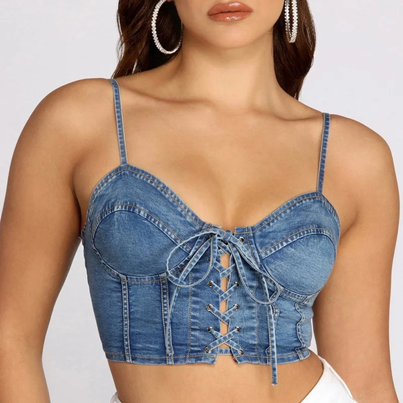 

Crop Top Women Summer Sexy Denim Lace Up Bandage Camisole Female Fashion Slim Spaghetti Strap Camis Streetwear Tops for Women
