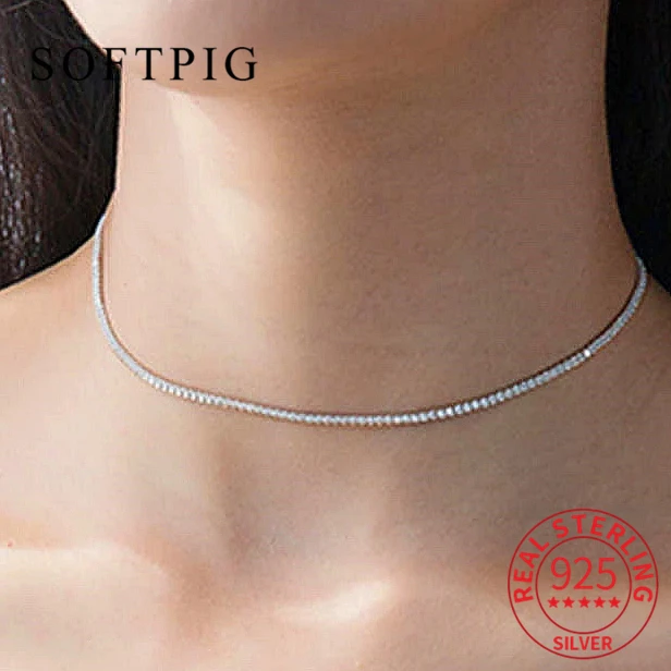 

SOFTPIG Real 925 Sterling Silver Zircon Chain Choker Necklace For Fashion Women Party Minimalist Fine Jewelry Bohemia Bijoux