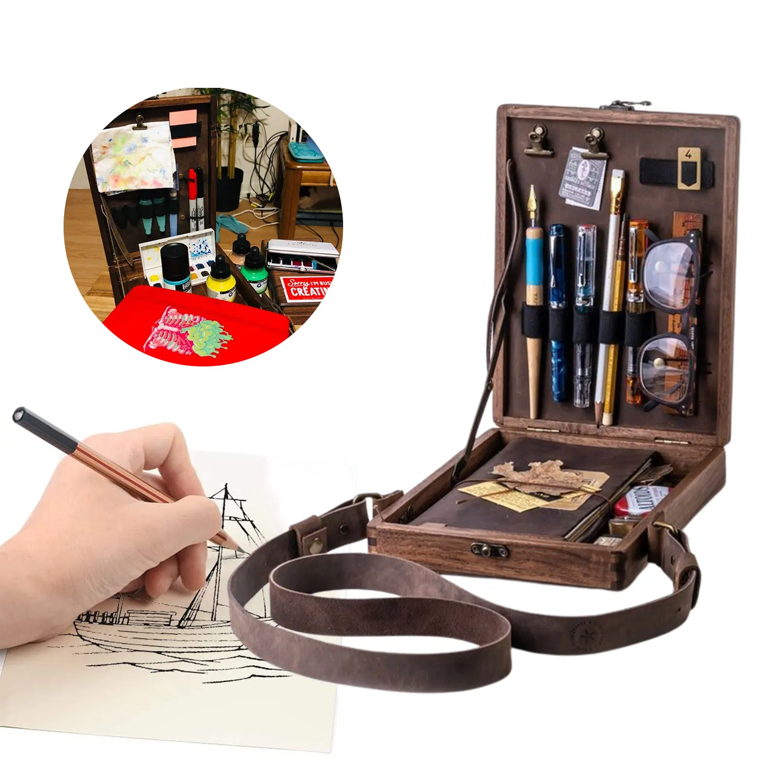 

Writer Tool Box Wooden Writers Messenger Box Storage Box Storing Writer's Pen ArtistBrush Retro Decorative Portable Shoulder Bag