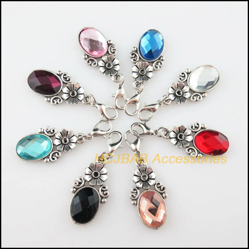 

Fashion New 8Pcs Retro Mixed Crystal With Lobster Claw Clasps Charms Flower Oval Pendants