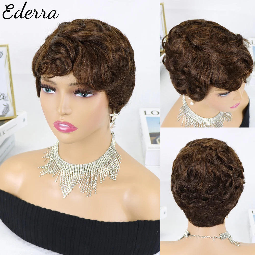 

Brazilian Hair For Black Women Short Curly Human Wigs Pixie Cut Natural Black Glueless Afro Kinky Curly Wig With Bangs Brown
