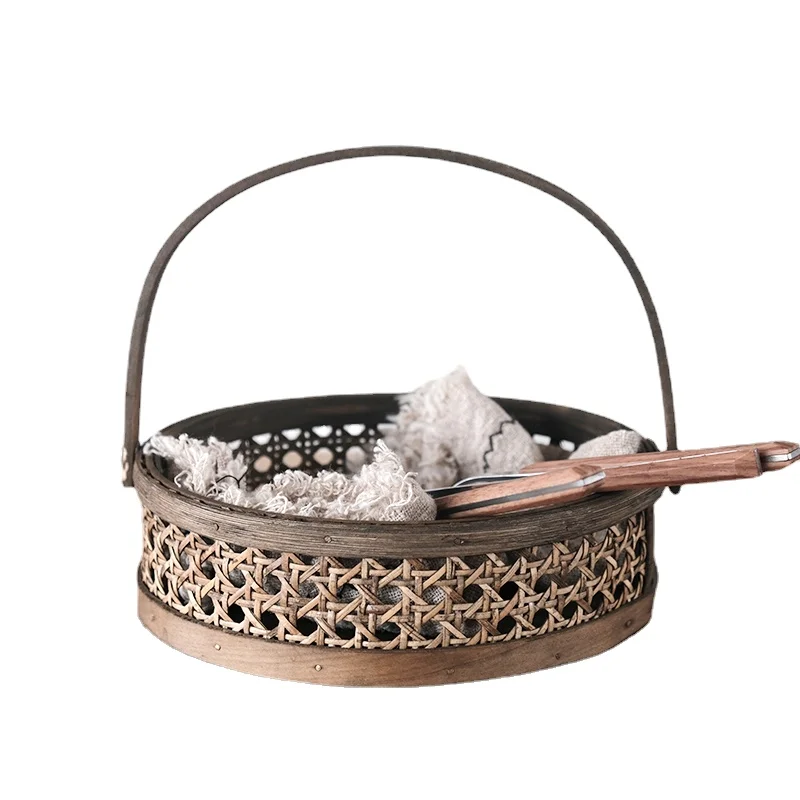 

Натуральная ротанговая хозяйственная круглая корзина для хранения ручной работы, корзина для овощей и фруктов, корзина для пикника, цветов