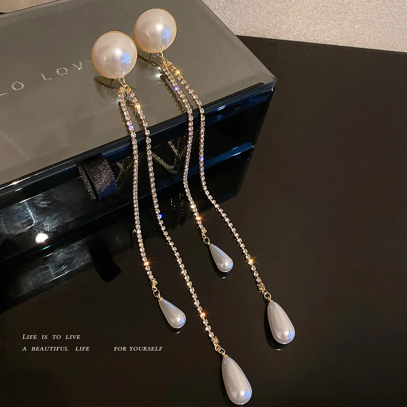 

Korean Super Long Temperament Exaggerated 925 Silver Pin Zircon Pearl Earrings for Women Earrings Luxury Earrings