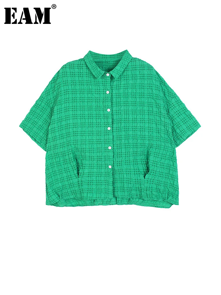 

[EAM] Women Green Plaid Casual Big Size Blouse New Lapel Half Sleeve Loose Fit Shirt Fashion Tide Spring Summer 2022 1DE9414