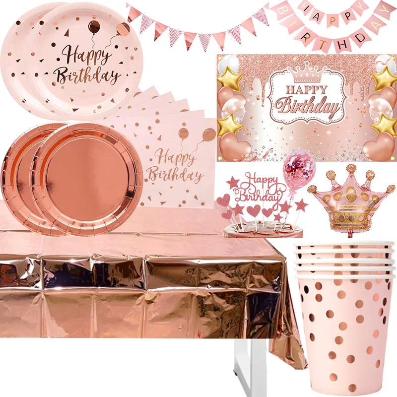Rose Gold Birthday Decoration Party Tableware Balloons Cups Plates Napkins Kit Deco Girls Theme Happy Supplies Set