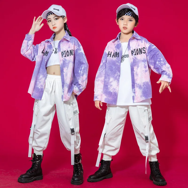 

Kid Hip Hop Clothing Tie Dye Print Shirt Top White Streetwear Strap Cargo Pants for Girl Boy Jazz Dance Costume Clothes