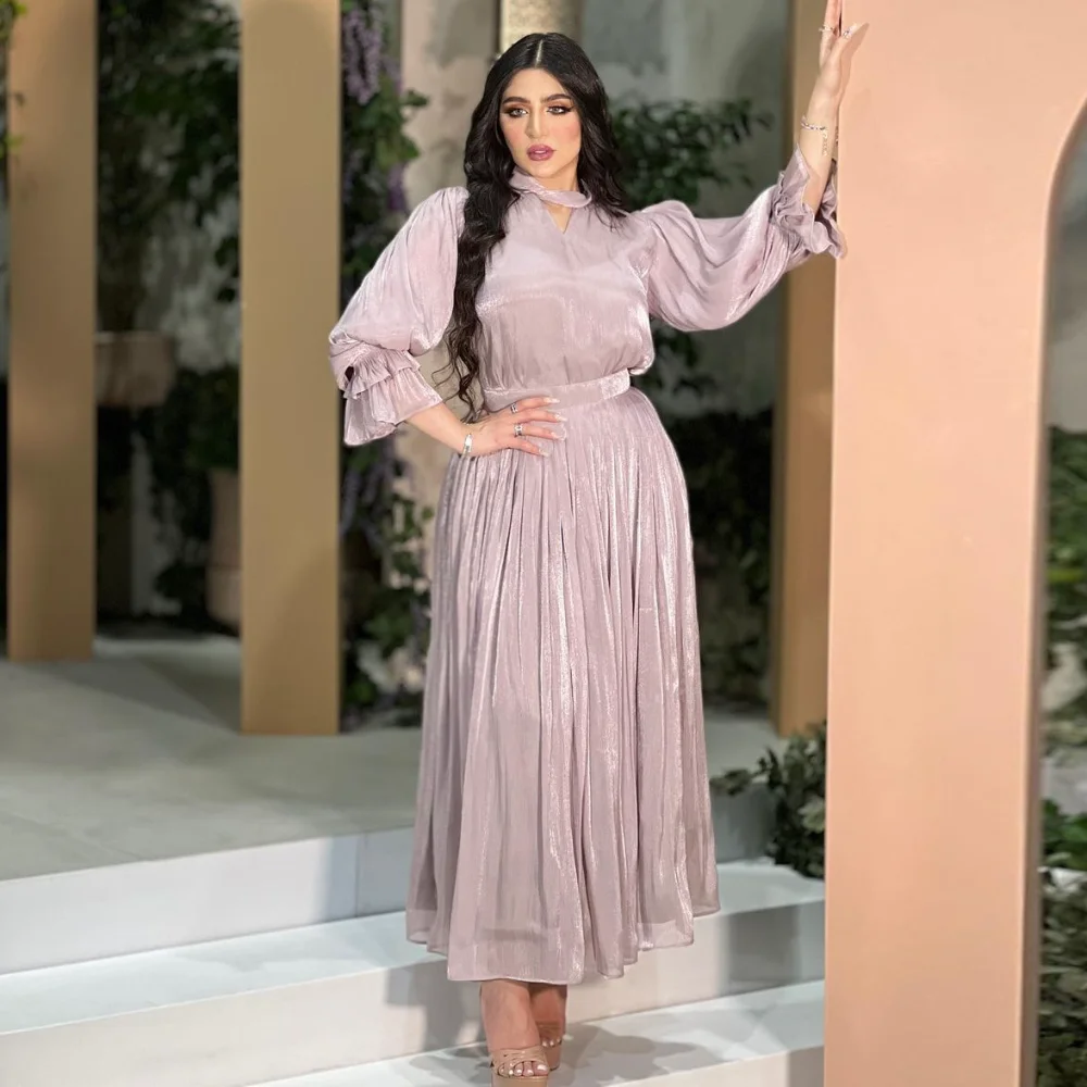 

Middle East Modest Dress Muslim Fashion Women's Bright Silk Satin Robes Pink Elegant Dubai Evening Dresses Turkish Tunic