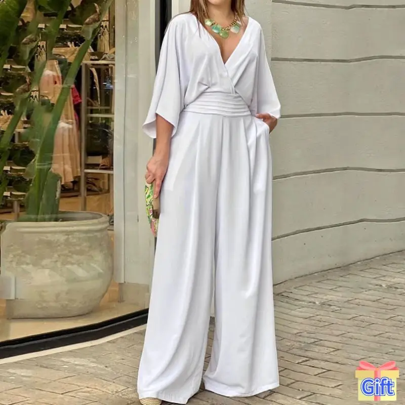 Long White Jumpsuits for Women 2023 Summer Elegant Social Overalls Wide Rompers One Piece Baddie Outfits V Neck Sexy Streetwear