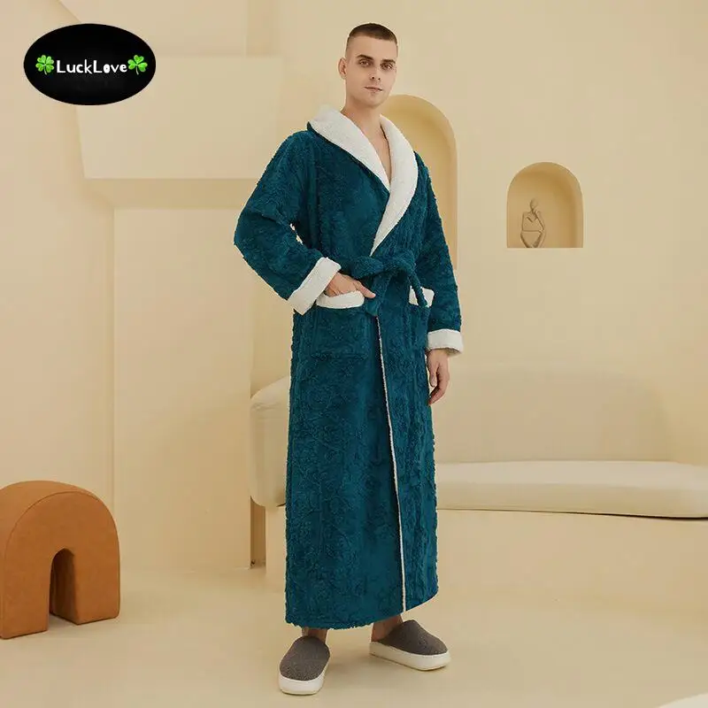 Winter Luxury Double-layer Thicken Flannel Men Shower Robe Couples Jacquard Bath Bathrobes Warm Kimono Terry Long Dressing Gowns