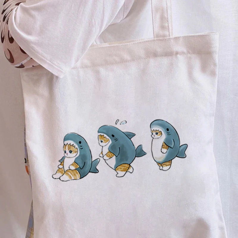 

Холщовая Сумка Y2K с мультяшным принтом кота и акулы, женская сумка 2022, сумка для покупок в стиле Харадзюку, модная сумка-тоут через плечо, мно...