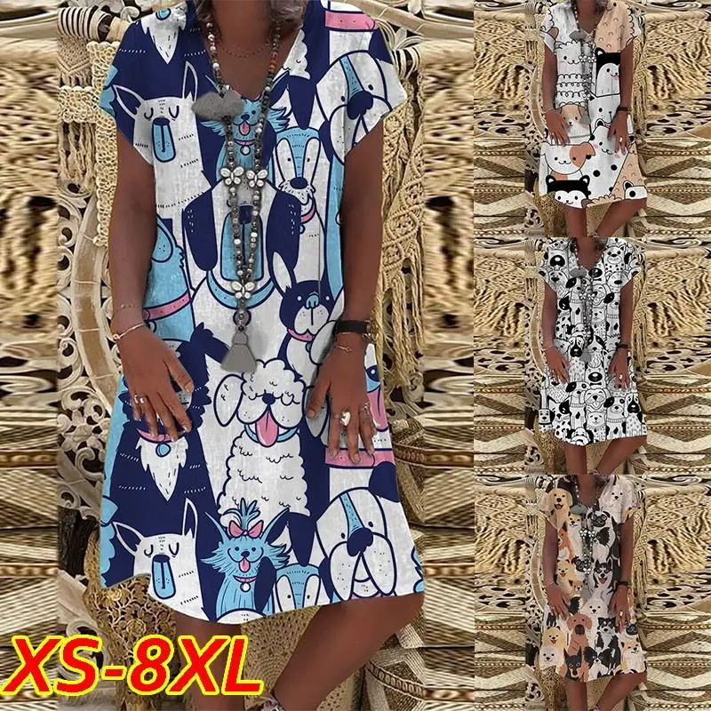 

Women's Animal Anime Print Casual V-neck Short Sleeved Dress Ladies Loose Skirt Cute Dress