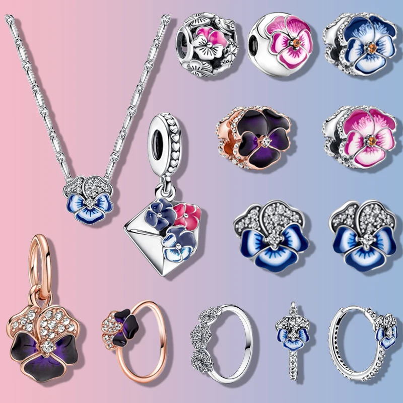 

Original 925 Sterling Silver Deep Purple Pansy Flower Charm Fit Pandora Charm Bracelet Beads For Women Jewelry Set Gift