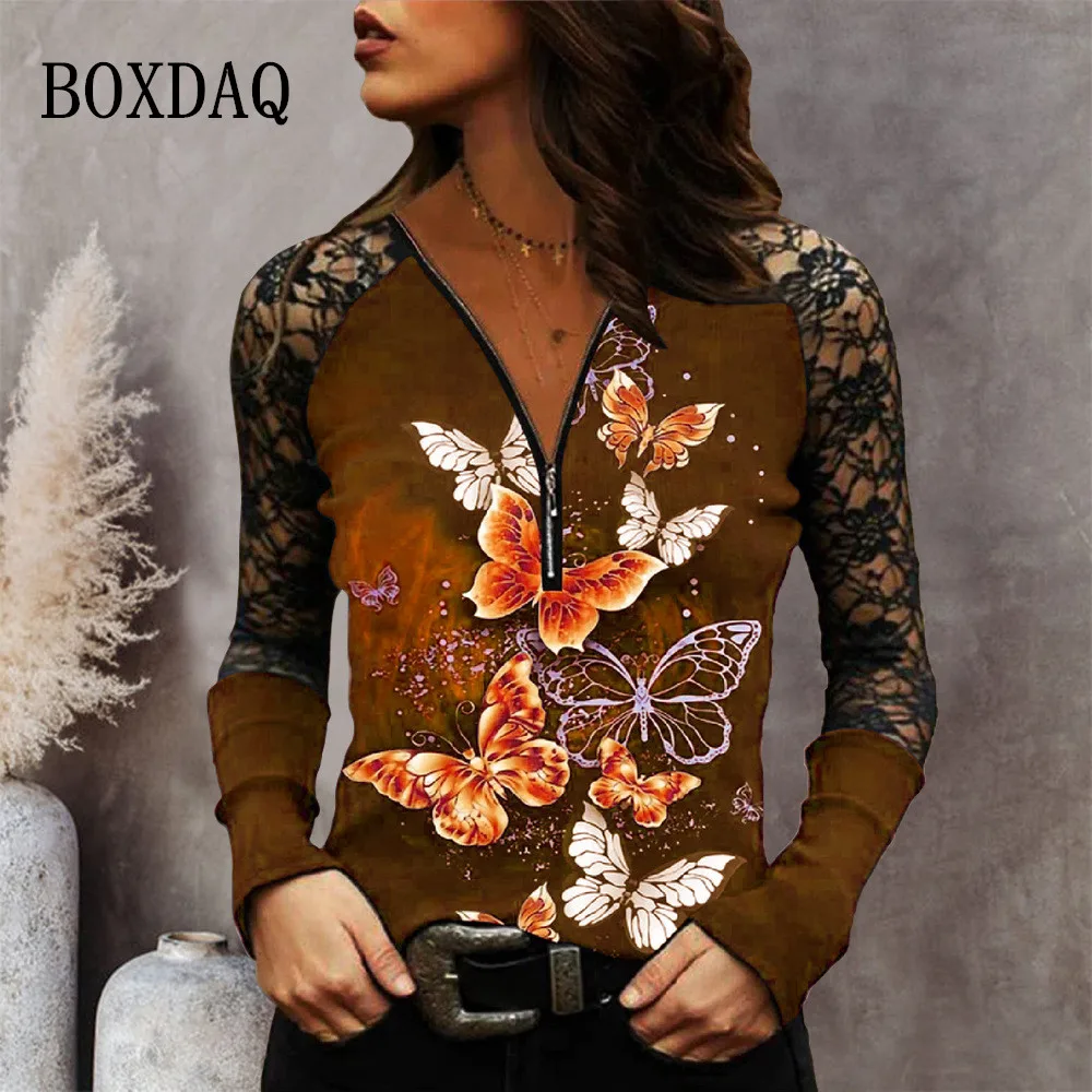 

Женская кружевная блузка с V-образным вырезом и длинным рукавом