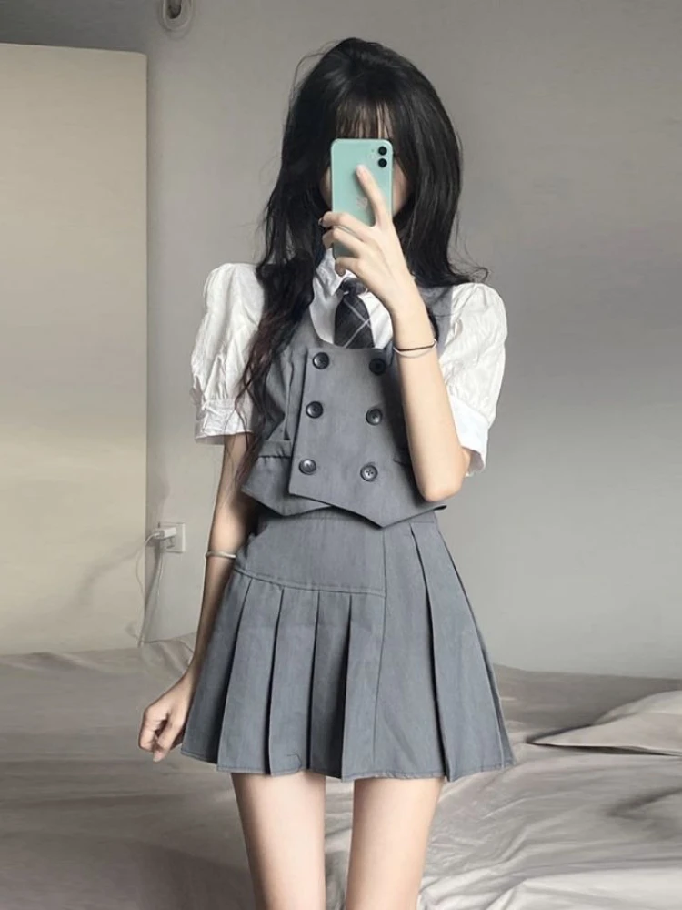 

Women Suit Vest + Shirt with Tie + Skirt 3 Pieces Set Gray Skinny Woman Cloth Solid Button Up Office Lady Student Elegant Suits