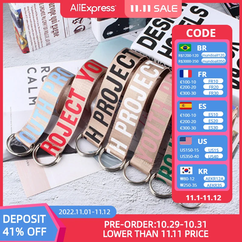 

Nylon Weave Women Belt Fashion Student Double D Ring Buckle 130cm Long Strap Female Letter Printing Canvas Belts For Jeans