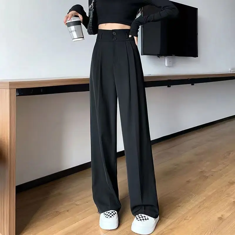 Black suit pants Women's spring and summer new Korean casual straight tube drape loose wide leg pants High waist slim pants