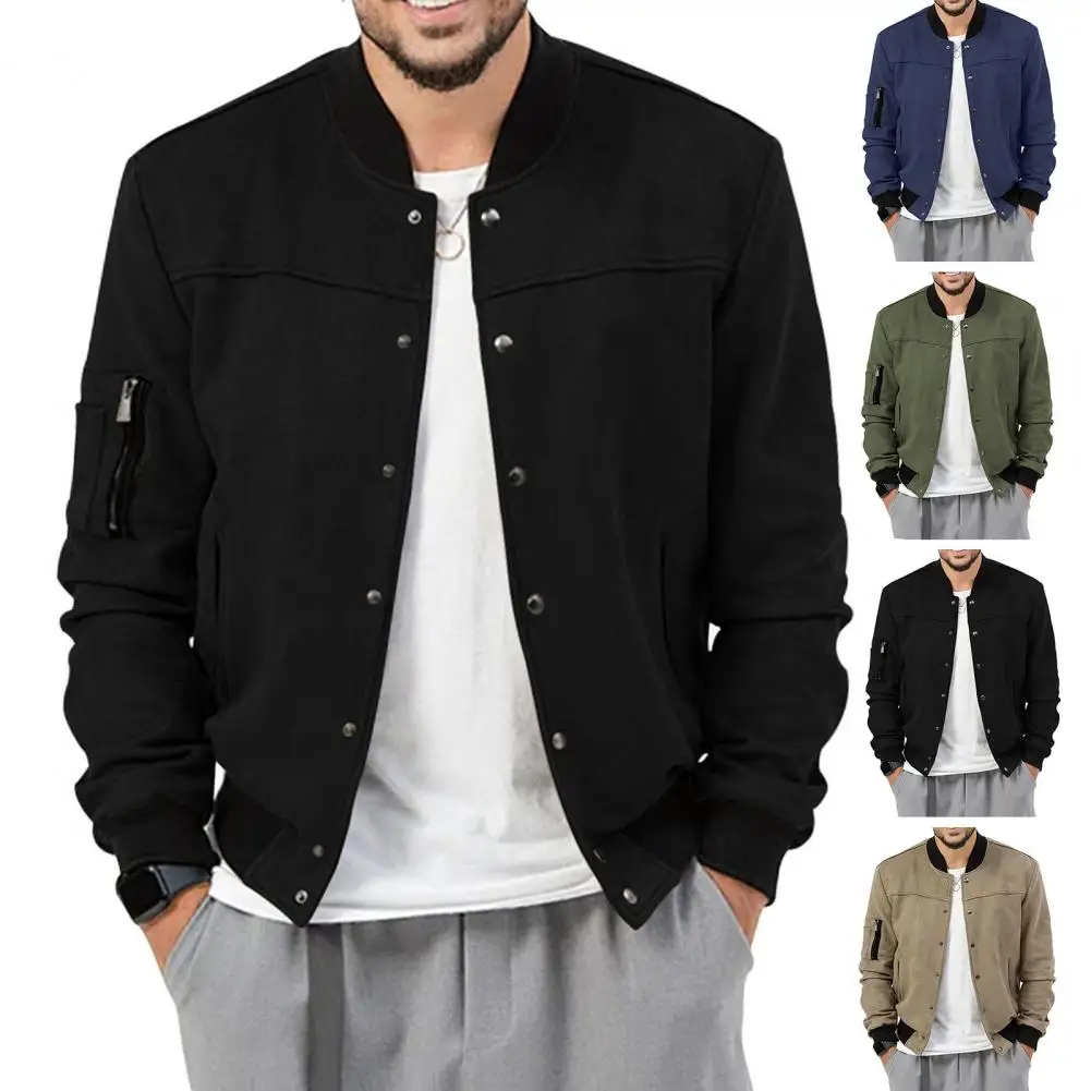

Men Fall Winter Baseball Coat Stand Collar Long Sleeve Solid Color Single-breasted Elastic Cuff Soft Warm Men Casual Jacket