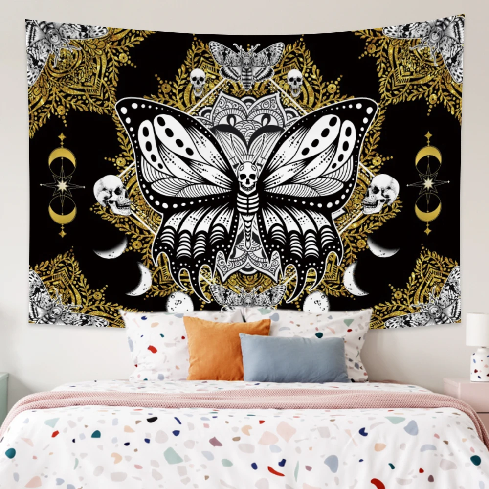 Skull Butterfly Moon Moth Tapestry Gothic Skeleton Mandala Bohemian Wall Hanging Art Room Home Aesthetic Decoration Tapestries