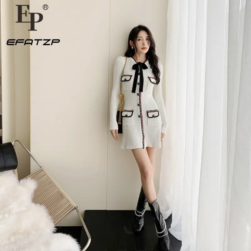 

EFATZP классическое Стильное трикотажное женское мини-платье однобортное женское платье на шнуровке с четырьмя настоящими карманами и круглы...