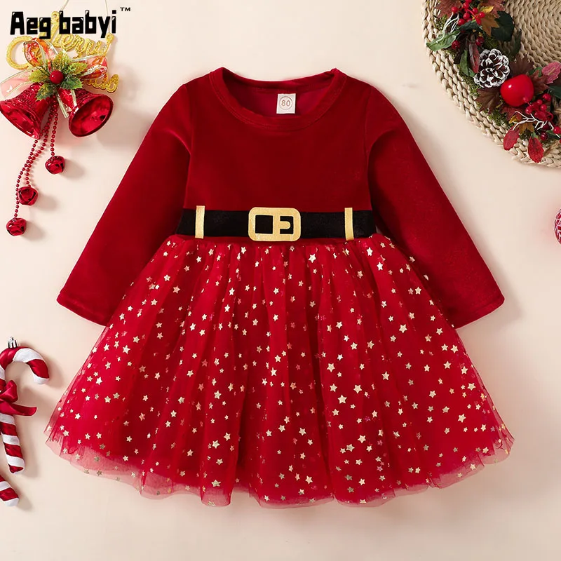 

Christmas Baby Girl Dress Toddler Kid Girls Long Sleeve Red Tulle Sequins Tutu Party Dresses New Year Xmas Costumes 1-6Y