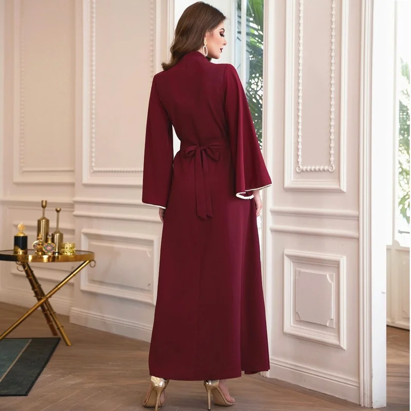 Dubai Handmade Pearls Dress Abaya Women Spring Fashion Flare Sleeve Eid Party Gown Robe Islamic Muslim Turkey Morocco Clothes