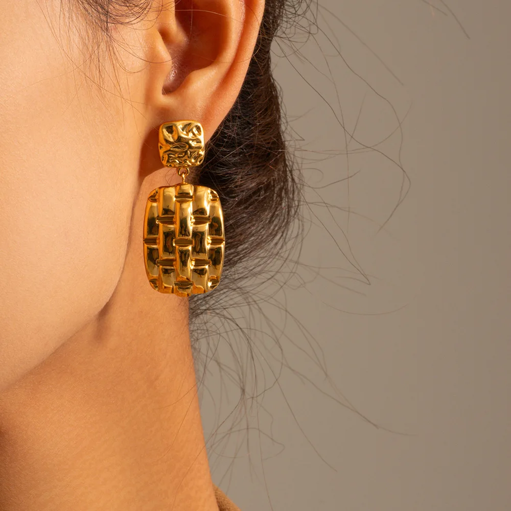 

Minar Punk Knit Metallic Square Geometrical Drop Earrings for Women 18K Gold PVD Plated Stainless Steel Long Pendant Earring