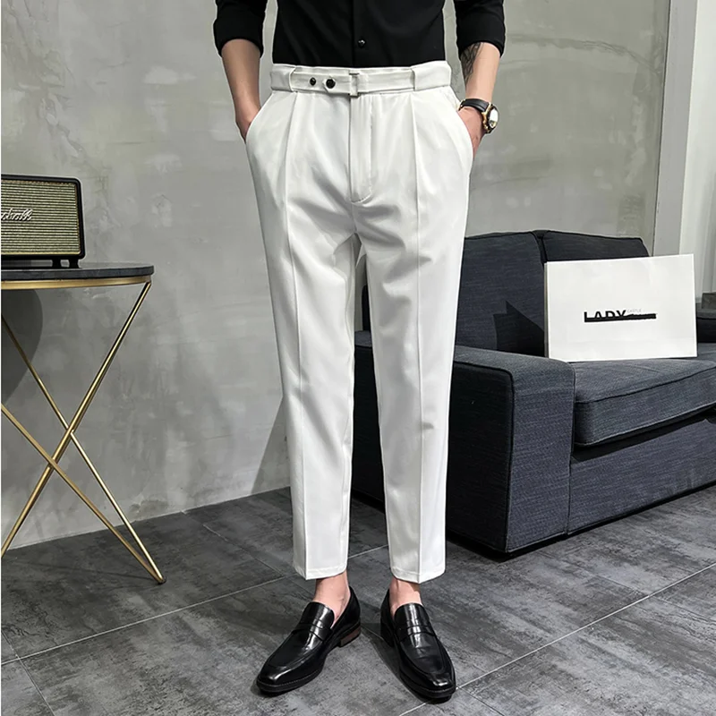 British Style Summer Men Dress Suit Pant High Quality Belt Telescopic Slim Fit Trousers Business Office Men Casual Social Pants