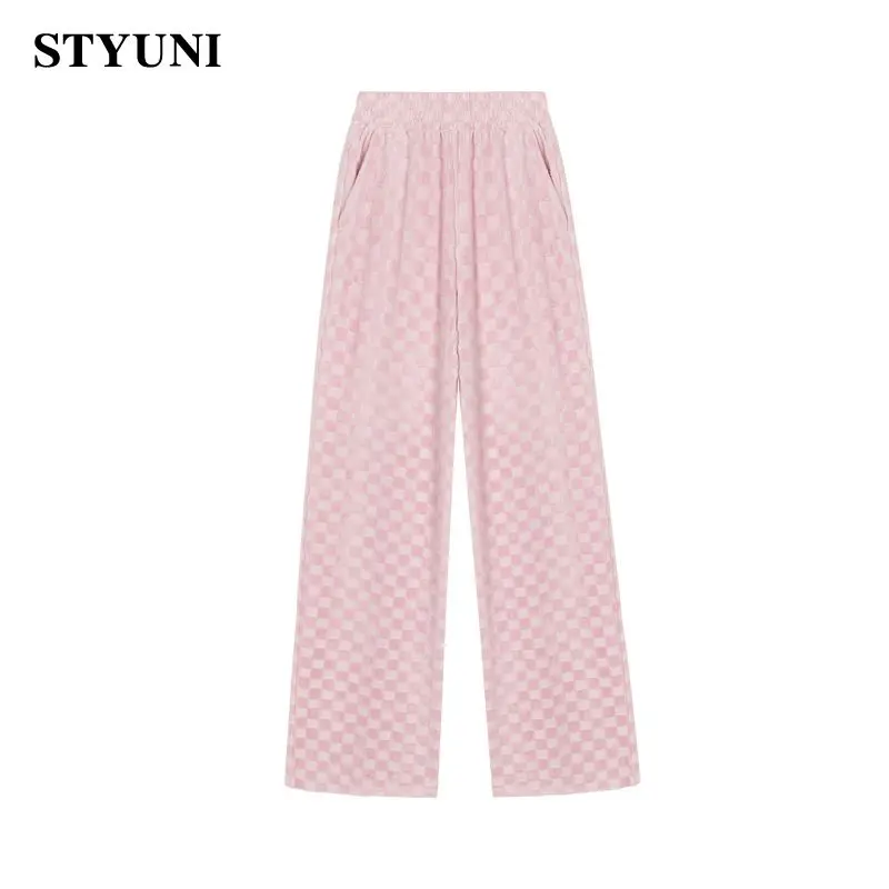 

Checkerboard plaid wide-leg pants for women 2022 spring elastic waist loose sports pants straight casual trouser Women's pants