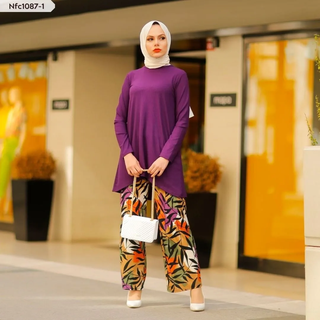 Vintage Muslim Soft Ribbed Knit Solid Long Sleeves Tops and Printed Pants 2 Piece Sets Islamic Casual Elegant Women Autumn Suit