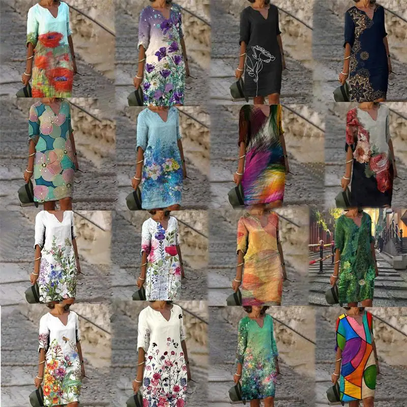 

2906110019Flower and Leaf Print Rendered Fashion V-neck, Mid Sleeve, Mid Waist Pullover, A-line Dress