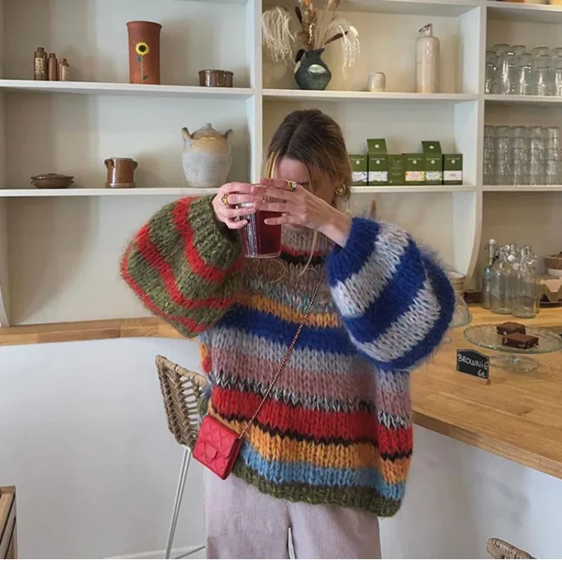 Модный контрастный Вязаный Свитер оверсайз с круглым вырезом свитер пальто